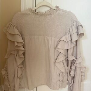Storia Ruffled Long-Sleeve Blouse in Light Taupe